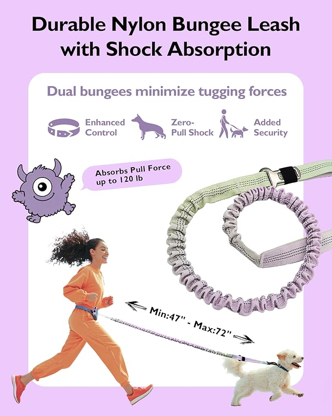 Stylish Car‑Safe Hands‑Free Bungee Dog Leash with Adjustable Waist Belt & Seat‑Belt Hook – Reflective No‑Pull Leash with Zipper Pouch for Running, Hiking & Travel (Powder Blue Gradient)