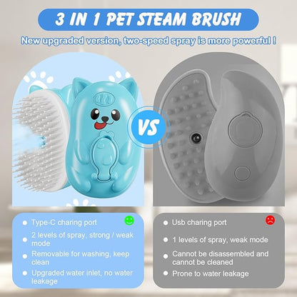 3 in 1 Cat Steam Brush for Shedding, Pet Steam brush for Dog & Cat Shedding & Grooming, for Long & Short Haired Pets, Spritz Defur Comb (sky blue)