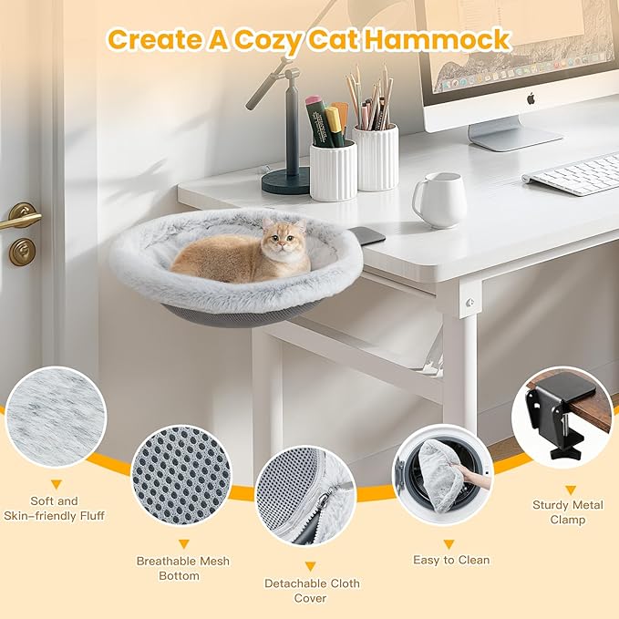 Pawaboo Cat Desk Bed, Sunken Cats Hammock with Steel Clamp Hold up to 40lbs, One-click Foldable Cat Side Table Beds with Soft Plush, Reversible & Washable Hanging Cats Bed for Game Office Home Desktop