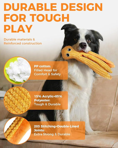 Crinkle Squeaky Dog Toys for Medium Dogs, Durable Plush Chew Toys for Tough Play, Interactive Tug of War Toy, Teething Gift to Keep Them Busy and Relieve Boredom (Yellow Octopus)