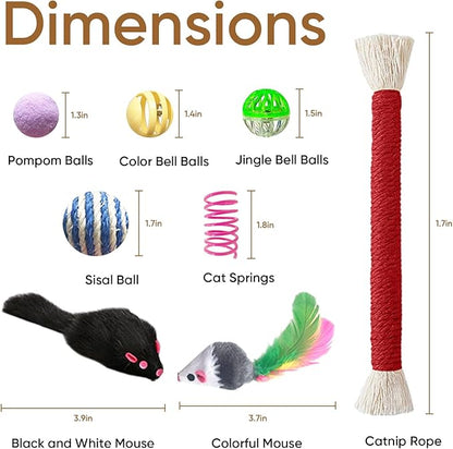 Cat Toys for Indoor Cats, 34 Packs Interactive Cat Toy Set with Colorful Springs Toys, Mouse Toy, Catnip Ropes, Balls, Bells, and Sisal Ball for Kittens