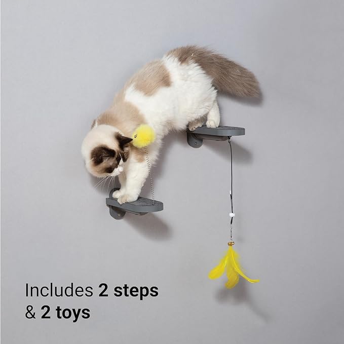 SVD.PET Cat Wall Steps (2-Pack), Climbing Stairs with Replaceable Felt Pad, Cat Shelves with Toy, Dark Grey