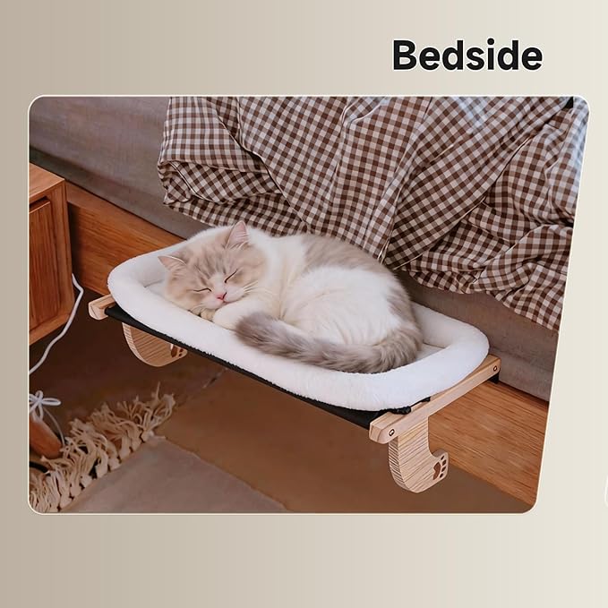 Cat Window Perch Hammock Wall Shelves Beds for Indoor Cats Supplies Design Robust Metal Frame Seat Large Cats and Kittens Pets Natural Wood, 24''L Easy to Adjust Windowsill, Bedside (White)