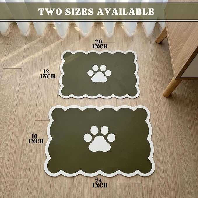Absorbent Pet Food Mat, Scalloped Edge Dog Cat Bowl Mat with Rubber Backing, Quick-Dry Leather Feeding Mat for Messy Drinkers, 12" x 20", Olive Green