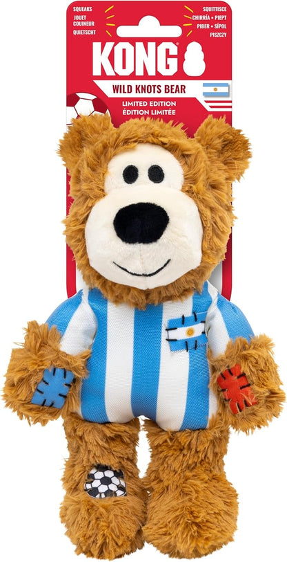KONG Wild Knots Bear Soccer Player Dog Toy – Argentina – National Team Jersey Inspired – International Tournament Edition – Plush Rope Toy with Squeaker, Medium/Large