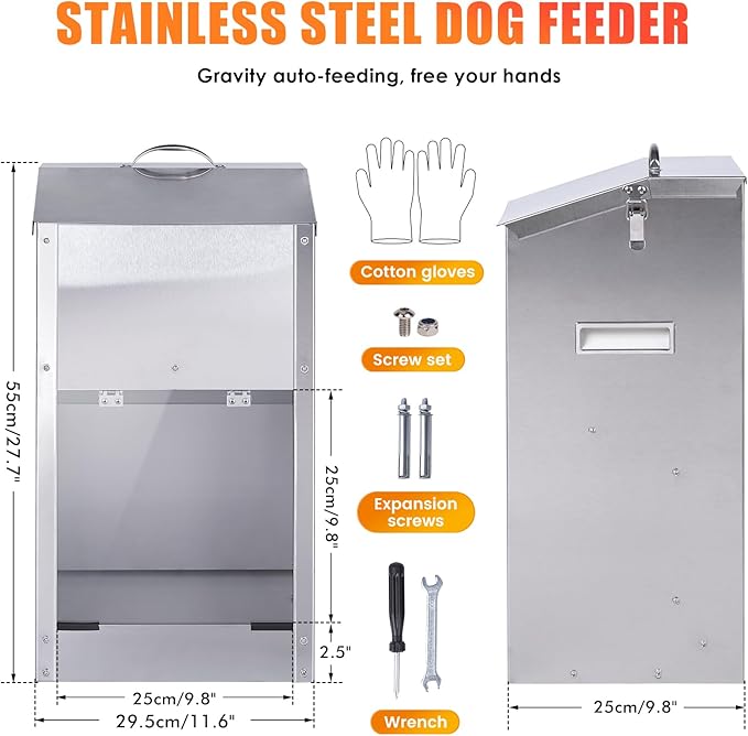 Automatic Dog Feeder Large Breed Outdoor Auto Dog Food Dispenser 25lbs Large Capacity Stainless Steel Gravity Pet Feeder Feeding Station Pet Dry Food Dispenser (M)