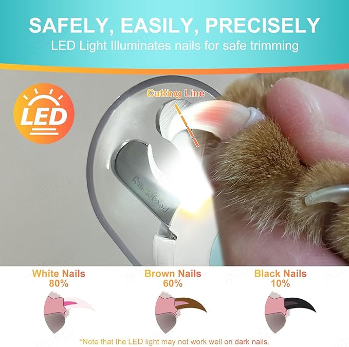Dog/Cat Nail Clippers with Light - Safe Trimming for Cats & Dogs, Illuminates Quick to Prevent Overcutting, Includes Nail File for Thick Nails
