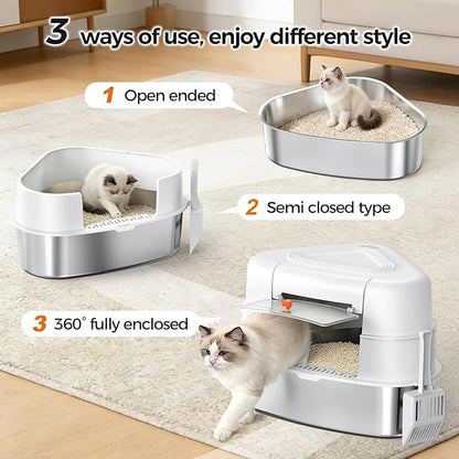 XXL Stainless Steel Corner Cat Litter Box with Lid - Sturdy, No Odor & Space-Saving Hidden Design for Large Cats, White