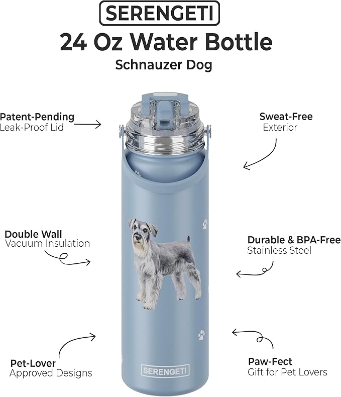 SERENGETI 24 Oz Water Bottle Stainless Steel with Spill Proof Lid - Double walled Vacuum Insulated water flask - Realistic 3D Print of your favorite dog (Schnauzer)