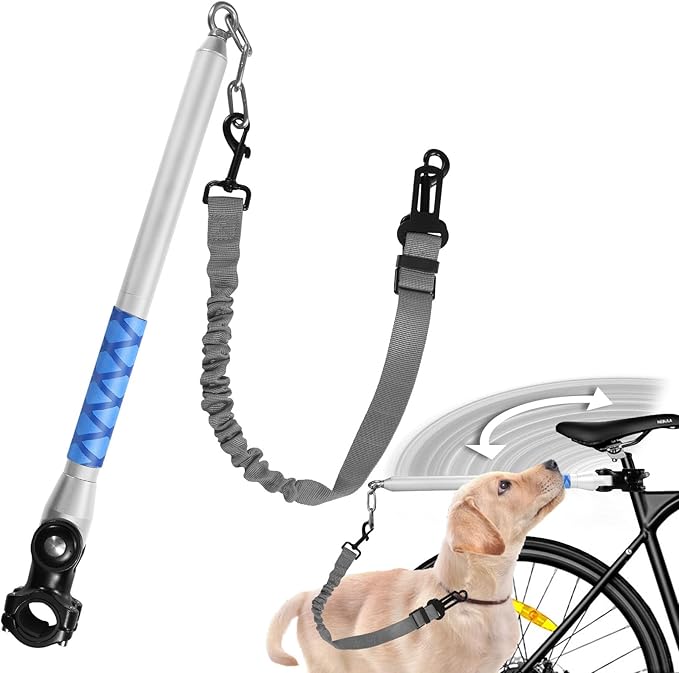 Bicycle Dog Leash for Riding, Hands Free 150° Rotating Built-in Shock Absorber Bike Retractable Leashes for Cycling, Elastic Nylon Adjusted Car Holder Seat Belt Rope (Silver)