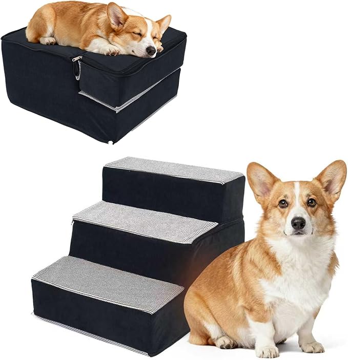 Dog Stairs for Small Dogs, 3 Step Dog Stair for High Bed and Couch, Non-Slip High Density Foam Sturdy Pet Steps with Removable Washable Cover for Older Cat