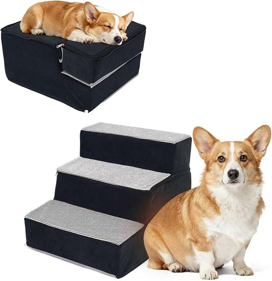 Dog Stairs for Small Dogs, 3 Step Dog Stair for High Bed and Couch, Non-Slip High Density Foam Sturdy Pet Steps with Removable Washable Cover for Older Cat