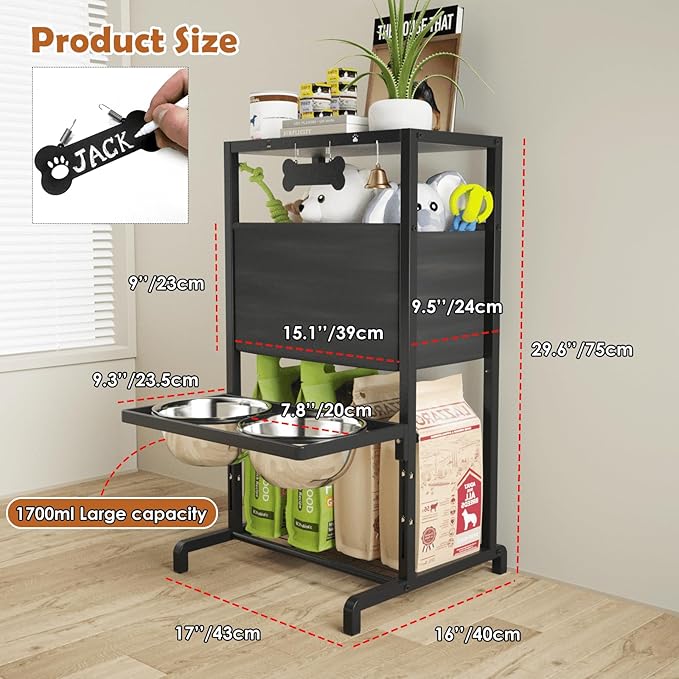 Elevated Dog Bowls: Height Adjustable Raised Dog Stand (4.5'' to 12'') 2 * 1700ml Stainless Steel Bowls + Slow Feeder, Feeding Station w/Storage Organizer & Toy Basket for Medium/Large Breeds