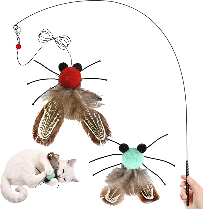 Walfront Cat Toys for Indoor Cats — Green & Red Cicada Feather Replacement Heads Wand, Joyful Chase Play for Kittens & Adult Cats, Mood-Boosting Interaction & Home-Alone Stress Relief