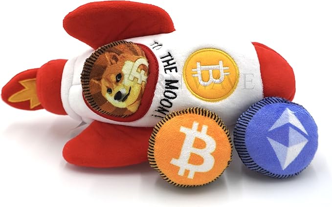 MODERN WAVE - Squeaky Plush Dog Toy Bitcoin Crypto - Interactive Hide and Seek Squirrel Type Puzzle Toy for Dogs, Small - Medium Size (Rocket and Coins)