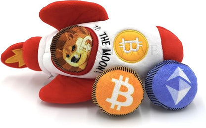 MODERN WAVE - Squeaky Plush Dog Toy Bitcoin Crypto - Interactive Hide and Seek Squirrel Type Puzzle Toy for Dogs, Small - Medium Size (Rocket and Coins)