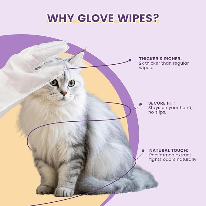 100 Pcs Cleaning Deodorizing Pet Glove Wipes for Dogs & Cats, Hypoallergenic Dog Bath Wipes with Natural Deodorizer Persimmon Tannin, Pet Bathing Wipes for Horse Coat Care Lavender Scent
