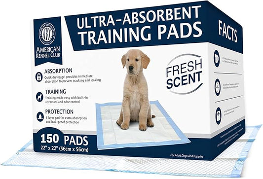 American Kennel Club Ultra Absorbent Odor Control Scented Training Pads For Dogs Leak-proof Quick Dry Gel – 22 x 22 Puppy Pads - Fresh Scented - Pack of 150