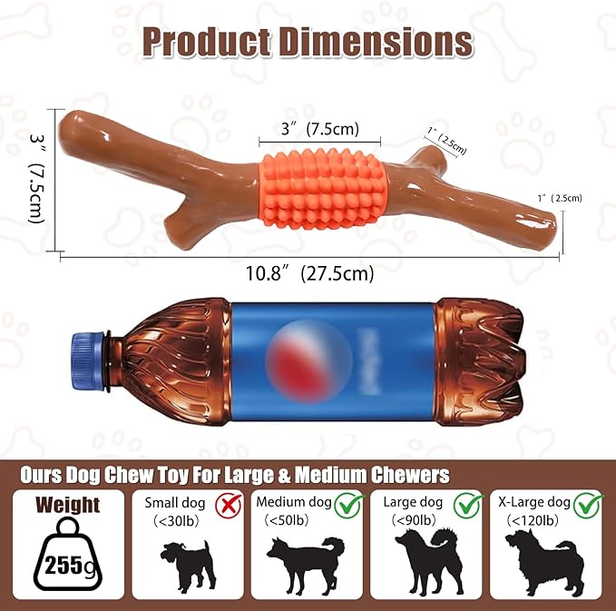 SCHITEC Dog Chew Toy for Aggressive Chewers, Tough Big Nylon & Rubber Teething Stick with Real Maple Wood Flavor for Large Medium Breed