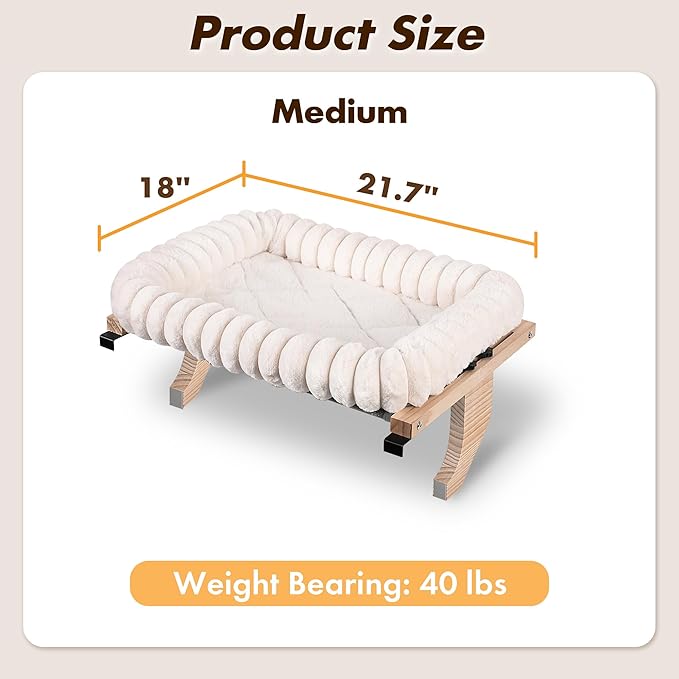 Cloud-Cuddle Cat Perch for Window Sill with Bolster, Natural Wood & Metal Frame Cat Window Seat for Large Cats, Easy to Adjust Zipper Cushion Pet Bed for Windowsill (Medium)