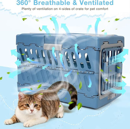 Pet Carrier for Cats & Small Dogs, Foldable & Durable Hard Cat Carrier Plastic, 2-Door 360° Ventilation Clear Top Pet Travel Kennel Crate for Longer Traveling Upto 22Lbs (22.0" L x 13.0" W x 14.6" H)