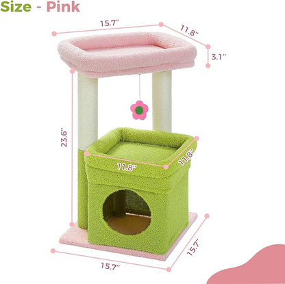 PEQULTI Cat Tree Flower Cat Tower for Indoor Cats with Private Cozy Cat Condo, Natural Sisal Scratching Posts and Plush Pom-pom for Small Cats, Pink