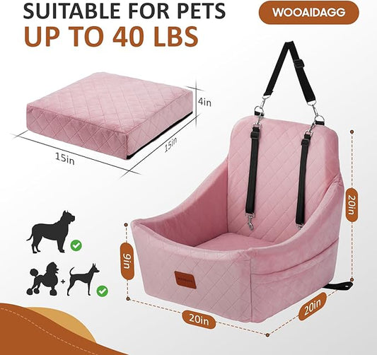 WOOAIDAGG Dog Car Seat for Medium Dogs, Pet Travel Bed with Seat Belt Channel, Fully Detachable and Washable, 3 Straps Easy to Install (Pink)