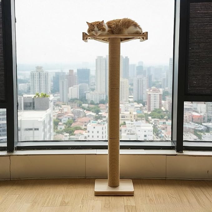 42'' Cat Tree Window Sill Perch with Tall Vertical Scratching Post Height-Adjustable Indoor Hammock Bed for Large Cats Drill-Free Suction Cup Climbing Tree Tower for Sunbathing & Bird Watching (Wood)