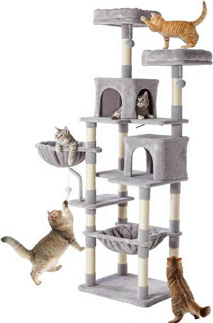 DUMOS Tall 71 inch Cat Tree Tower, Large Multi Level Cat Climbing Tower with Condo, Natural Sisal Scratching Posts, Platform, Hammock, Basket, Pet Tree House for Indoor Cats Play, Light Grey