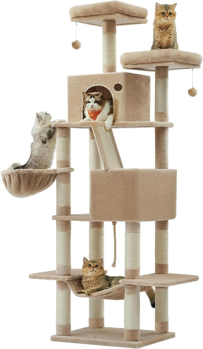 Feandrea Cat Tree, 81.1-Inch Large Cat Tower, Multi-Level Plush Condo with 13 Scratching Posts, 2 Perches, 2 Caves, Basket, Hammock, Pompoms, Camel Brown UPCT190K01
