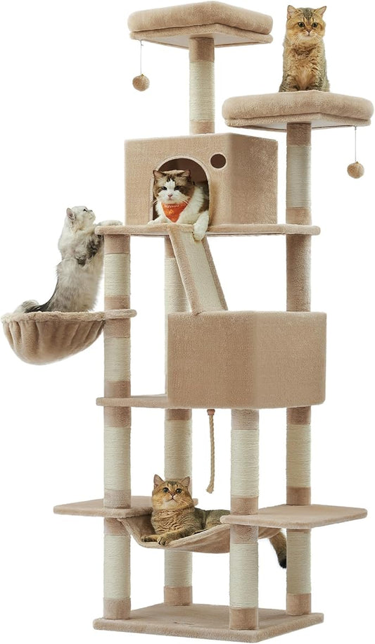 Feandrea Cat Tree, 81.1-Inch Large Cat Tower, Multi-Level Plush Condo with 13 Scratching Posts, 2 Perches, 2 Caves, Basket, Hammock, Pompoms, Camel Brown UPCT190K01