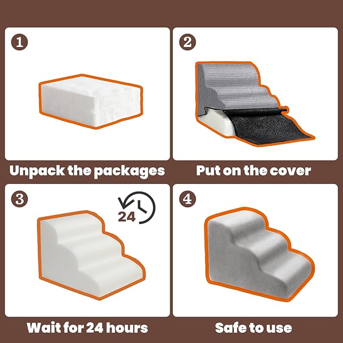 MEWANG Dog Stairs for Small & Medium Dogs and Old Cats –3/4/ 5 Steps High-Density Foam Pet Ramp for Bed & Couch, Non-Slip, Washable Cover, Grey (Round Corner, 4 Steps: 23.94''L×14.96''W×18.27''H)