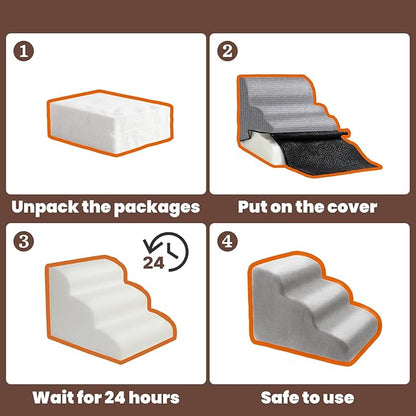 MEWANG Dog Stairs for Small & Medium Dogs and Old Cats –3/4/ 5 Steps High-Density Foam Pet Ramp for Bed & Couch, Non-Slip, Washable Cover, Grey (Round Corner, 4 Steps: 23.94''L×14.96''W×18.27''H)