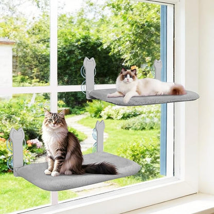 2 Pack Cat Window Perch,Cat Window Hammock Cordless Foldable Window Bed with 4 Large Strong Suction Cup,Reversible Cushion Cover,Metal Frame Easy to Adjust Window Seat Holds up to 40lbs(Gray)