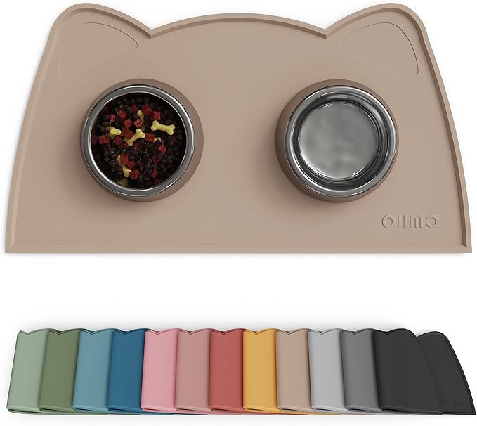 OHMO - Cat Food Mat, Silicone Pet Feeding Mat for Floor Non-Skid Waterproof Dog Water Bowl Tray, Easy to Clean Pet Placemat (Beige, 18 * 9.8'')