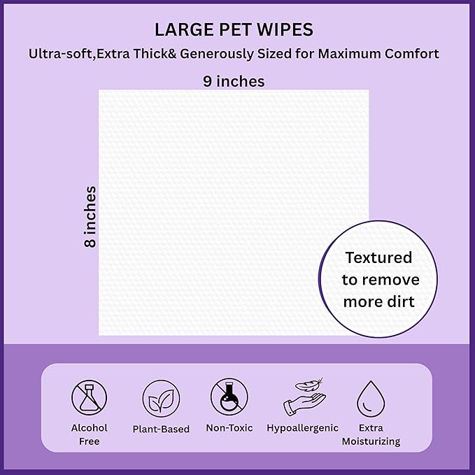 Aurora Pet Wipes – 100% Natural, Plant-Based Hypoallergenic Grooming Wipes for Dogs & Cats – Extra-Durable, Large & Thick for Effortless Cleaning (Lavender, 200 Count)