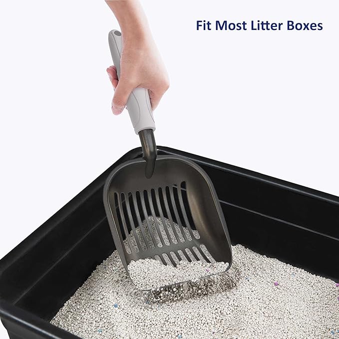 WePet Cat Litter Scoop, Non-Stick Plated Aluminum Alloy Sifter, Kitty Durable Metal Scooper, Deep Shovel, Long Handle, Kitten Pooper Lifter, Size Large, Coated Black Body with Grey Handle