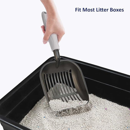 WePet Cat Litter Scoop, Non-Stick Plated Aluminum Alloy Sifter, Kitty Durable Metal Scooper, Deep Shovel, Long Handle, Kitten Pooper Lifter, Size Large, Coated Black Body with Grey Handle