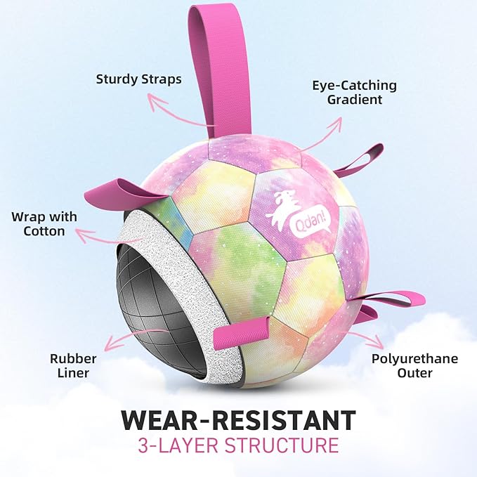 QDAN Dog Balls, Dog Soccer Ball with Straps, Pink Girl Puppy Toy Balls for Small Medium Dogs, Outdoor Water Pool Toys, Puppy Pet Birthday Gifts, Rainbow（6 Inch）