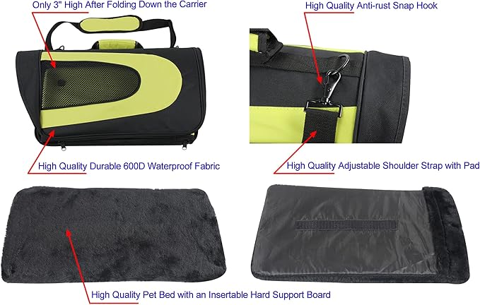 EliteField Deluxe Soft Pet Carrier (3 Year Warranty, Airline Approved), Multiple Sizes and Colors Available (18" L x 10" W x 11" H, Black+Lemon Green)