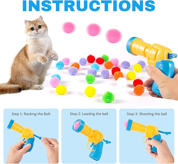 Dorhui Cat Toy Gun Launcher, 30 Pcs Sparkle Pom Pom Balls and Cat Ball Launcher, Cat Fetch Toy Gun Shooter for Indoor, Interactive Glitter Pom Pom Balls for Kitty Gifts