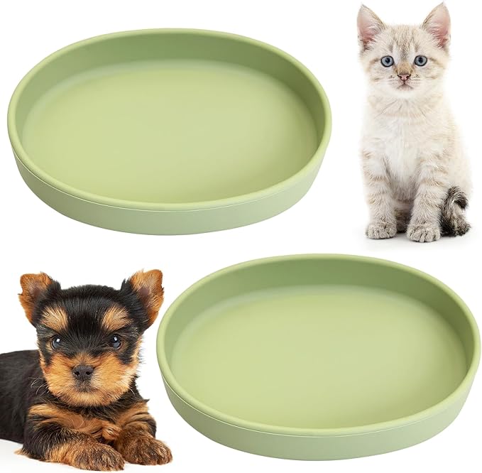 Fhiny 2 PCS Silicone Cat Food Bowls Shallow Dog Bowl 7" Non-Slip Pet Feeding Dishes for Dry and Wet Food Whisker Fatigue Cat Plates for Kitten Puppy and Small Pets(Green)