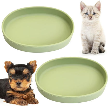Fhiny 2 PCS Silicone Cat Food Bowls Shallow Dog Bowl 7" Non-Slip Pet Feeding Dishes for Dry and Wet Food Whisker Fatigue Cat Plates for Kitten Puppy and Small Pets(Green)