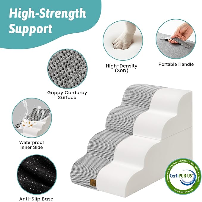 Detachable Curved Dog Stairs 19.7" H, 4 Step Small Dog Step for Puppy or Older Cat, Ramp for Bed, Sofa, Couch or Chair, Ladder with High Density Foam, 15.7x28.3x19.7 inch, Grey