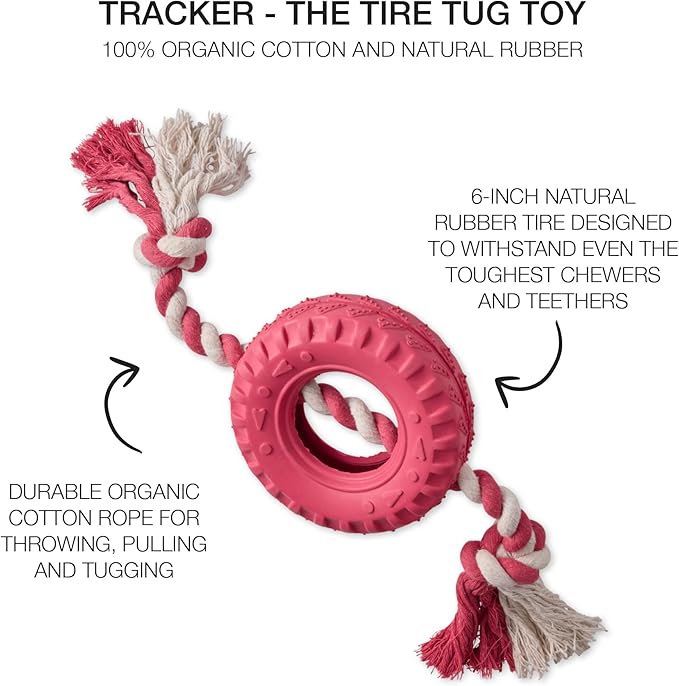 Natural Rubber Tire and Organic Cotton Rope Pull and Chew Dog Toy for All Pet Breeds, Pink, One Size