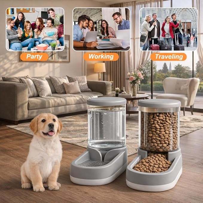 Gravity Pet Feeder and Water Dispenser Set, 8L (4L+4L) Up to 14 Days, Automatic Dog Cat Feeder & Waterer, See-Through Design, Leak-Proof, Anti-Jam, No Electricity, Small Medium Large Dogs Cats