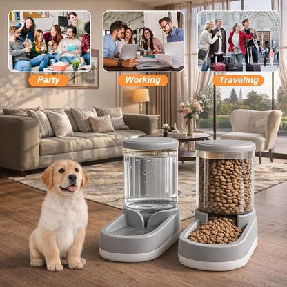 Gravity Pet Feeder and Water Dispenser Set, 8L (4L+4L) Up to 14 Days, Automatic Dog Cat Feeder & Waterer, See-Through Design, Leak-Proof, Anti-Jam, No Electricity, Small Medium Large Dogs Cats