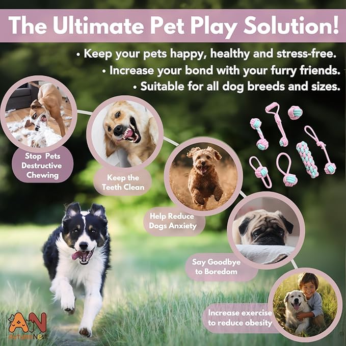 7PCS Woven Pet Rope Toys Set, Pink & Blue, Durable Cotton Pet Chew Toys for Dogs, Cats & Pets, Interactive Play & Teething Relief, Chew Toys for Pets