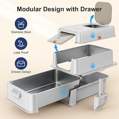 FURTIME Stainless Steel Litter Box with Lid, XL Extra Large Cat Litter Box for Big Cats, Enclosed Drawer Metal Litter Boxs with High Sided, Include Scoop & Mat, Front & Top Entry, Odor Free, Non-Stick