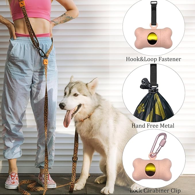 Bone-Shaped Dog Poop Bag Holder for Leash |Dispenser with 15 Leak-Resistant Waste Bags & Carabiner Clip(Pink)